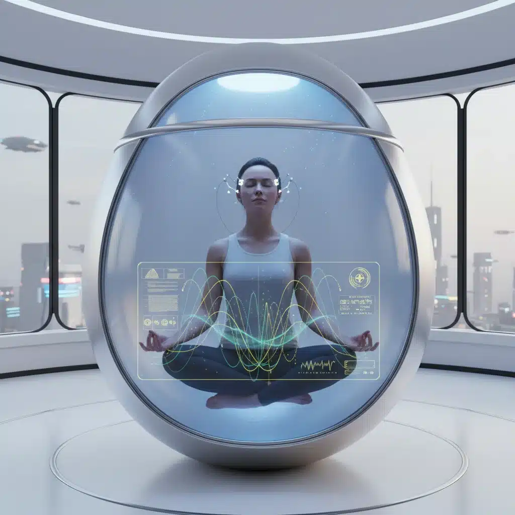 Individual meditating in a futuristic sound-proof pod with smart sensors and holographic brainwave display, illustrating advanced mental wellness tech.