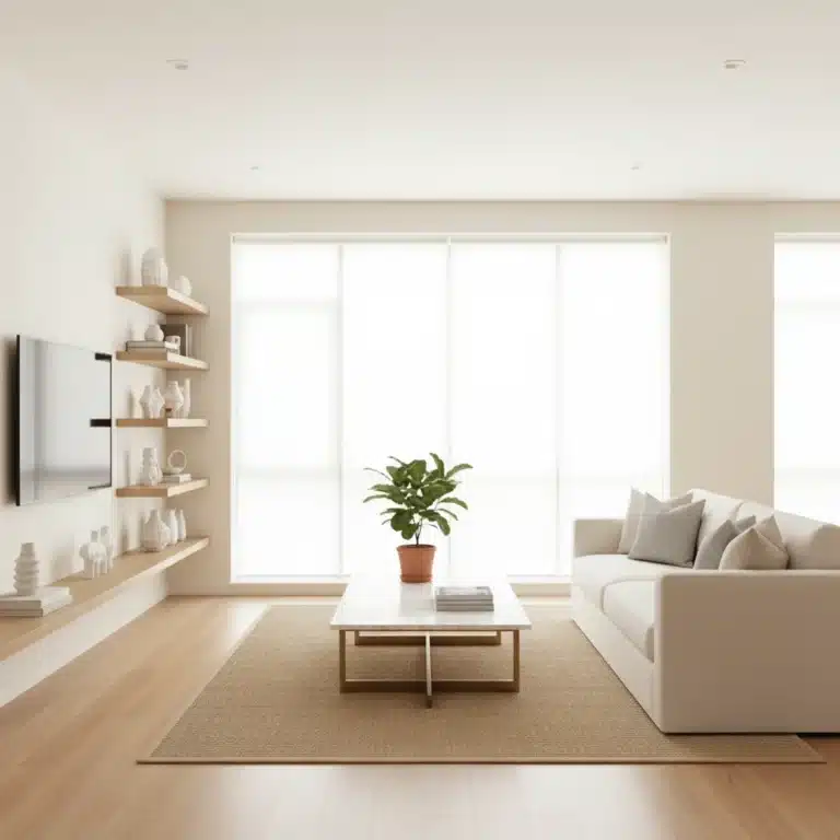 Modern organized living room with minimalist decor and natural light, ready for a clutter-free 2026.
