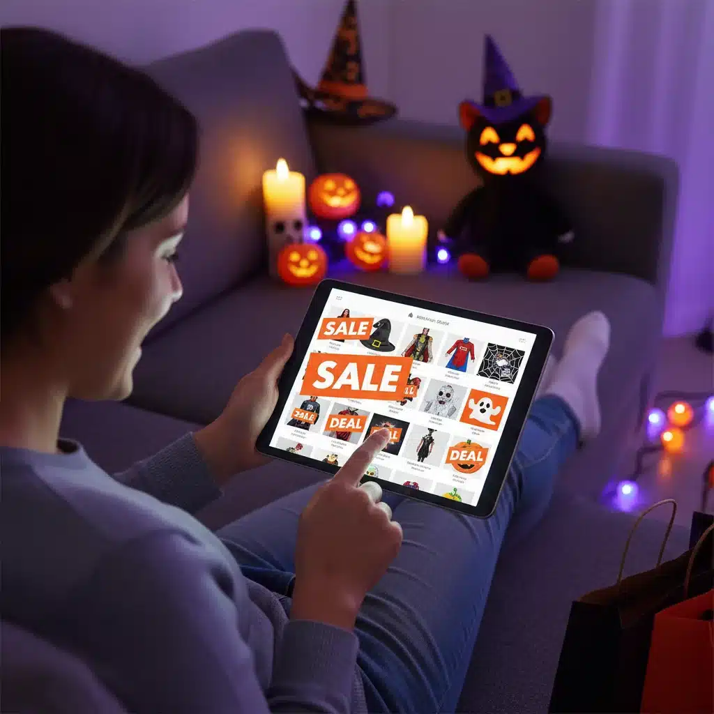 Person finding online Halloween deals on a tablet, surrounded by digital costumes and decor.