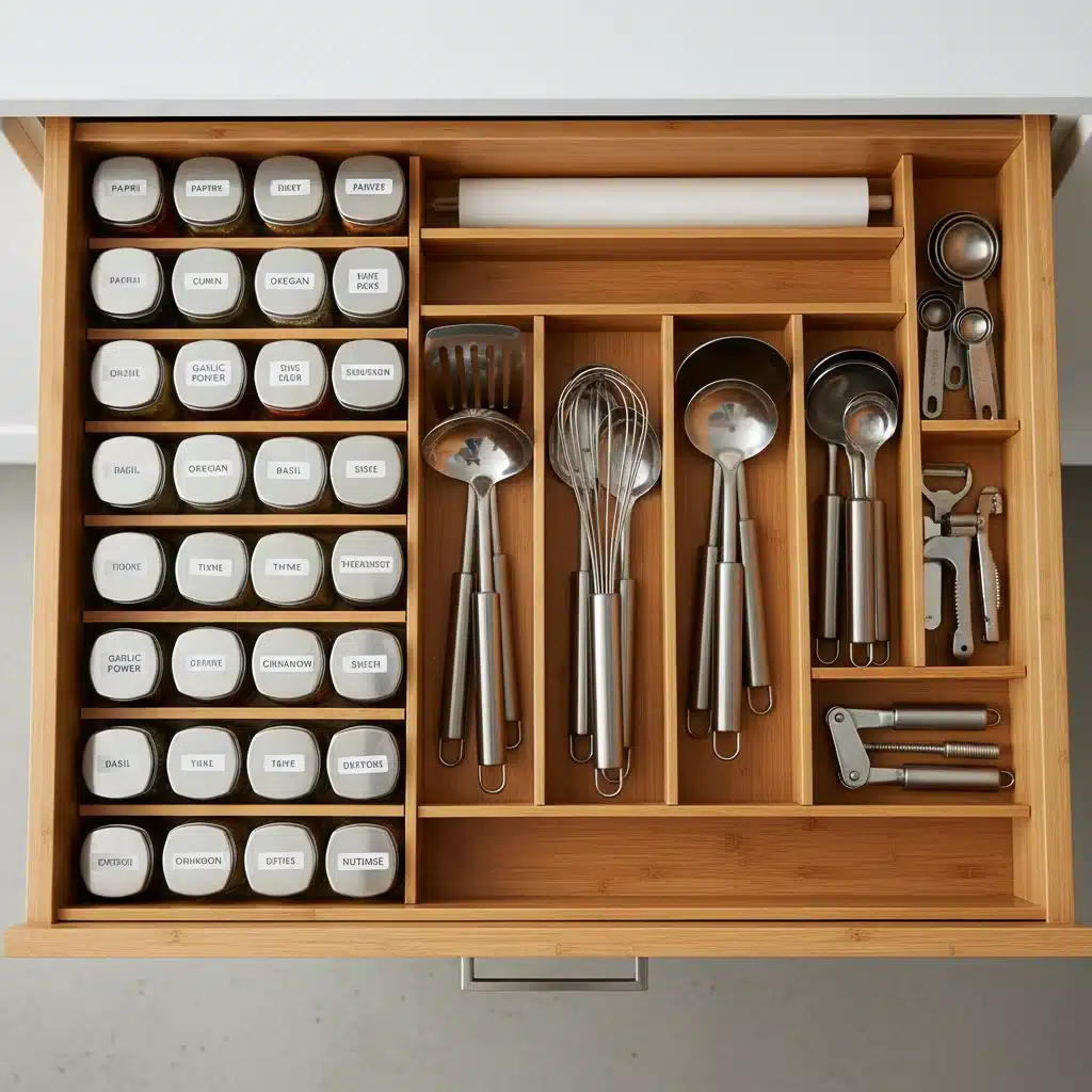 Perfectly organized kitchen drawer with spice jars and utensil dividers