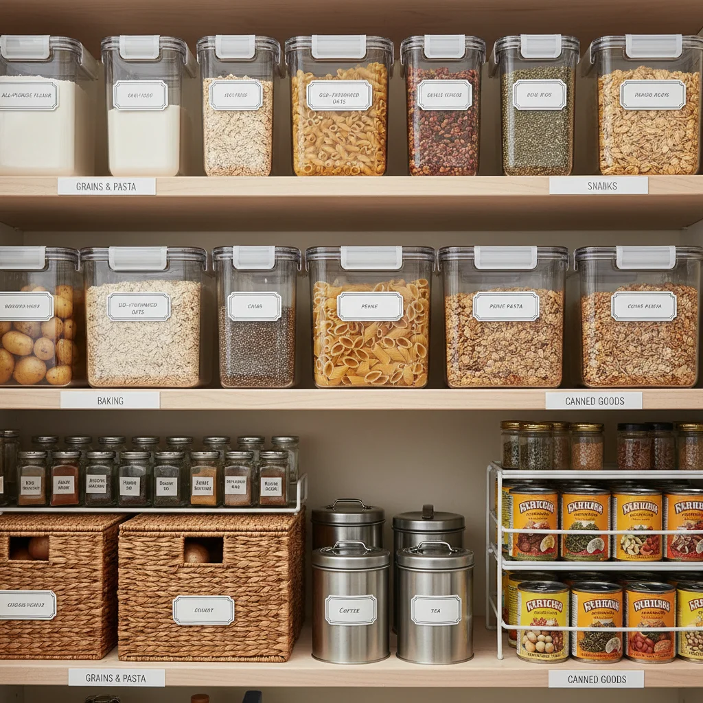 Efficiently organized kitchen pantry with labeled clear containers and neatly stacked food items.