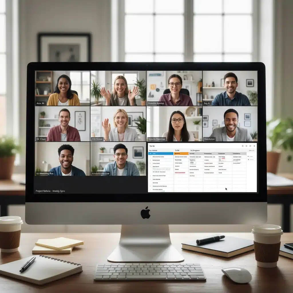 Remote team video conferencing discussing project updates with Kanban board