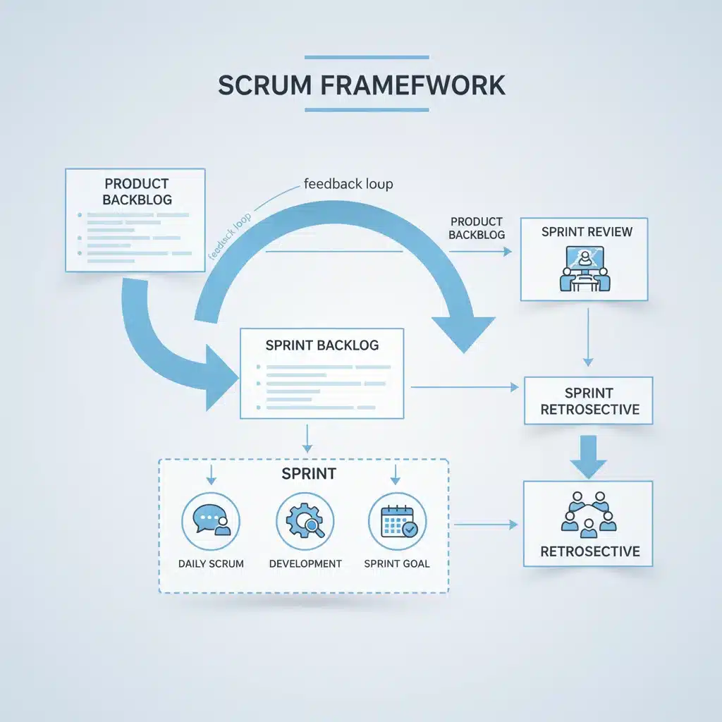 Diagram illustrating the complete Scrum framework lifecycle