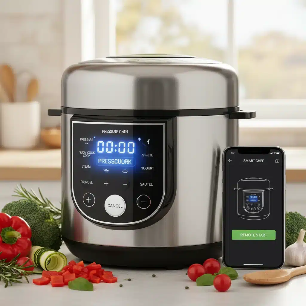 Smart multi-cooker with digital display and smartphone app control.