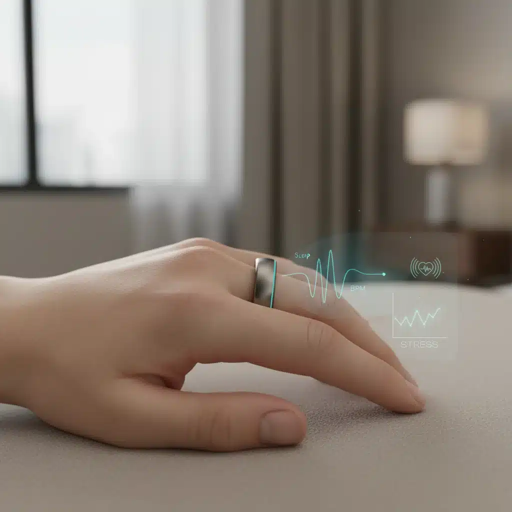 Close-up of a person wearing a smart ring monitoring sleep and stress, showcasing advanced wearable wellness technology.