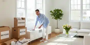 Organized living room with person cleaning, sunlight, and fresh flowers