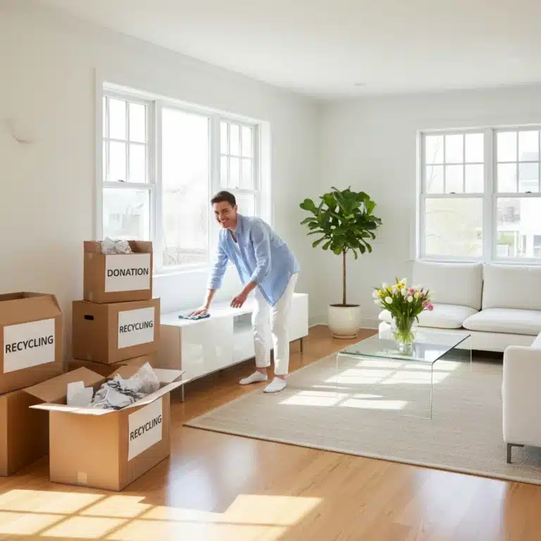 Organized living room with person cleaning, sunlight, and fresh flowers