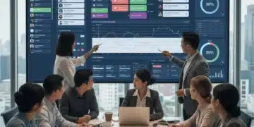 Team collaborating on a digital project management dashboard