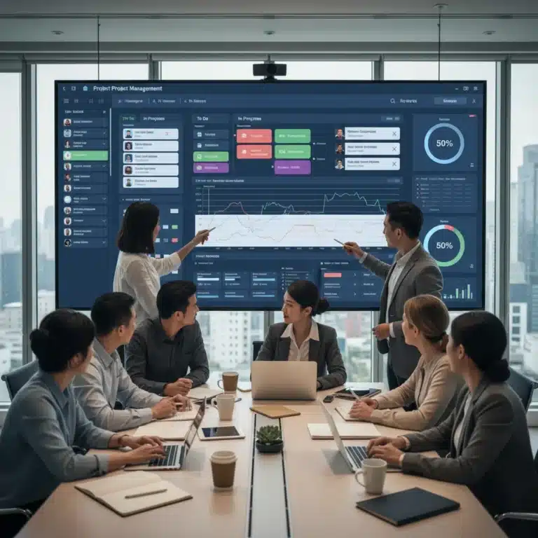 Team collaborating on a digital project management dashboard