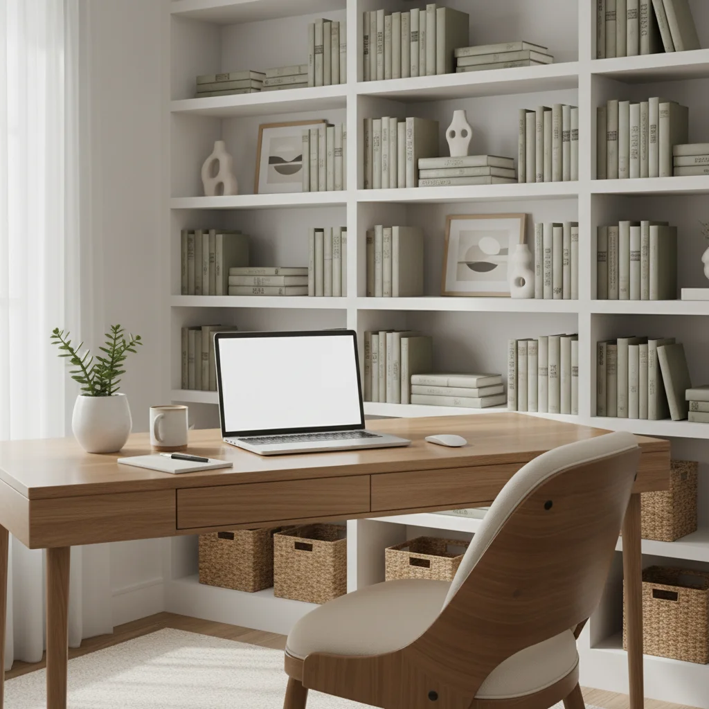 Tidy and minimalist home office with a clean desk, laptop, and organized shelves for productivity.