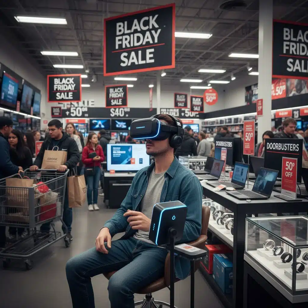 Shopper examining virtual reality headset during Black Friday electronics sale