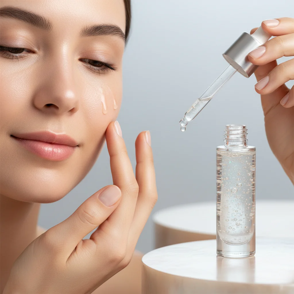 Woman applying advanced hyaluronic acid serum for deep hydration and youthful glow.