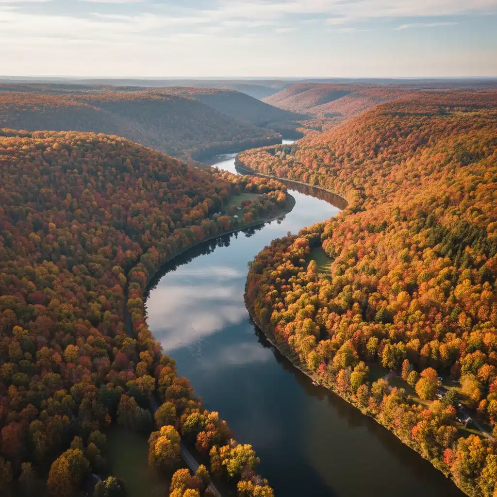 Aerial view of a river winding through a valley with spectacular fall colors
