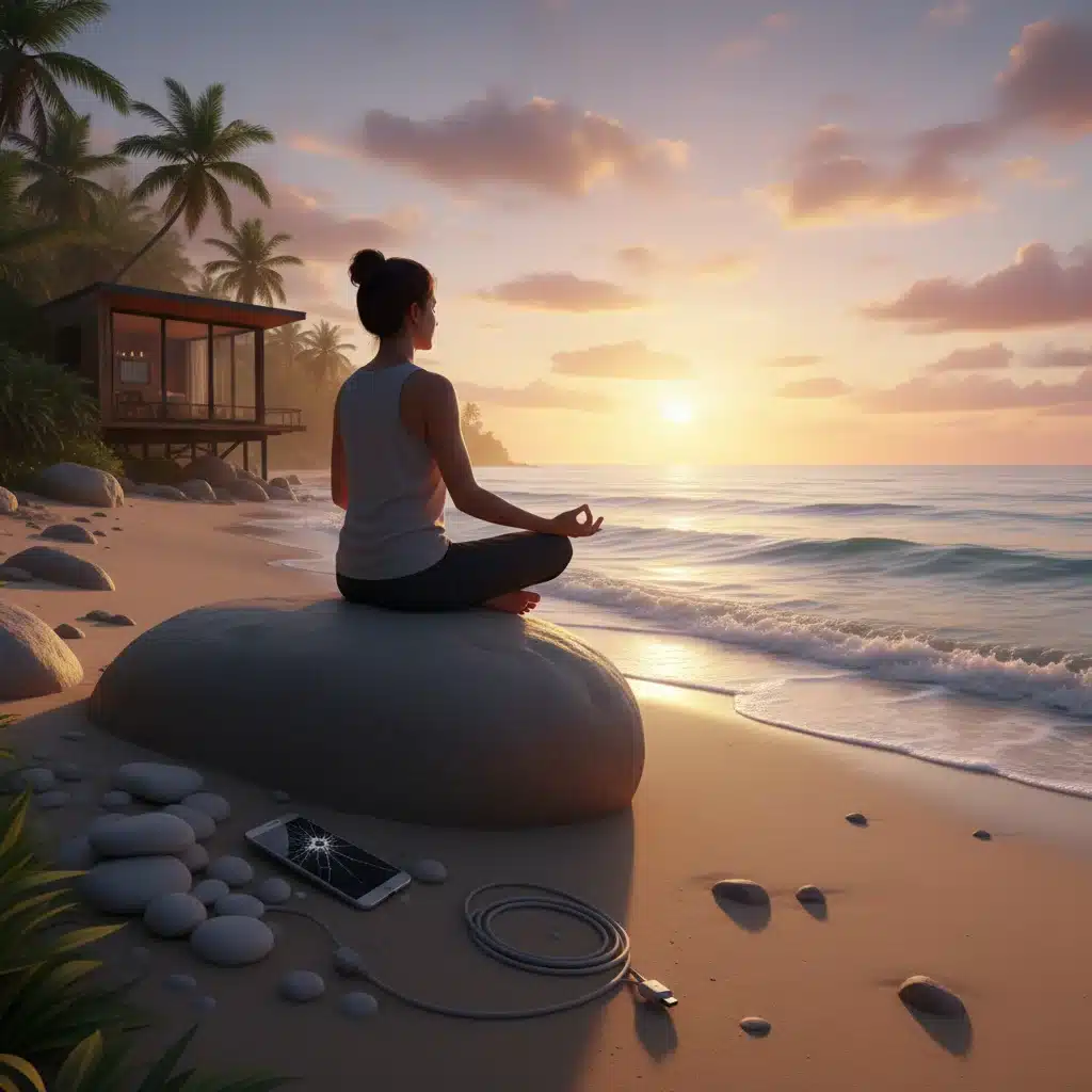 Person meditating on a beach at sunrise, wellness and digital detox.