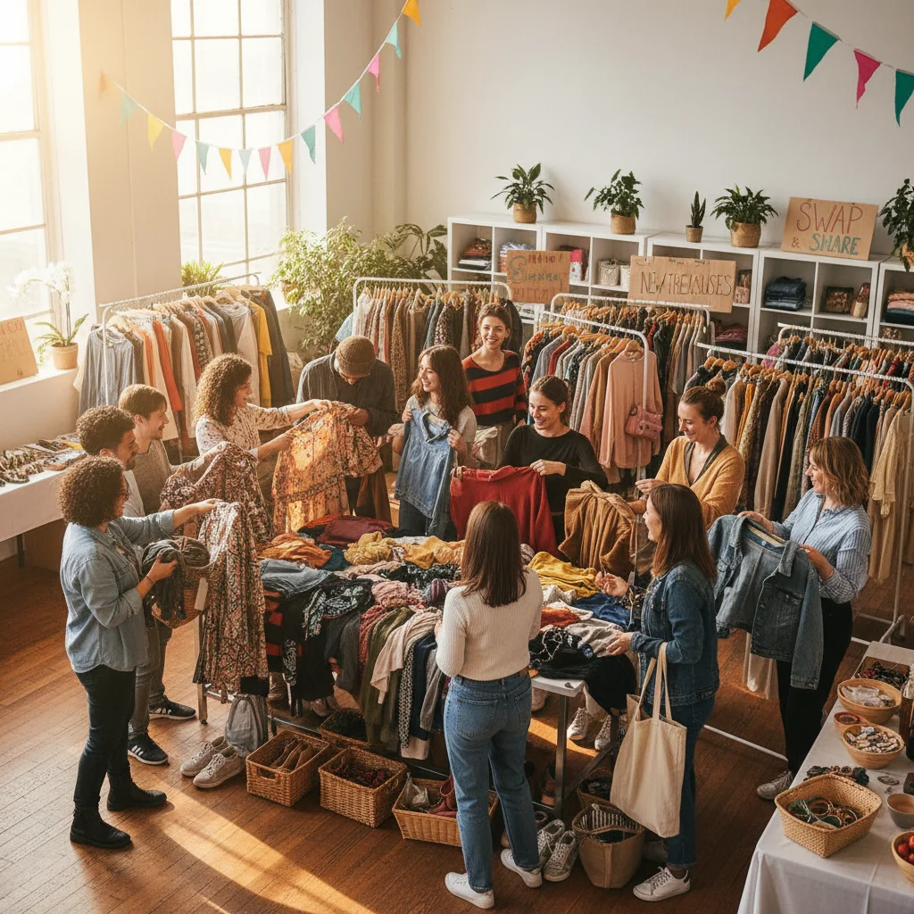 People participating in a community clothing swap event