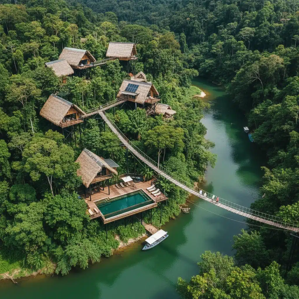 Eco-lodge in rainforest canopy, sustainable tourism.