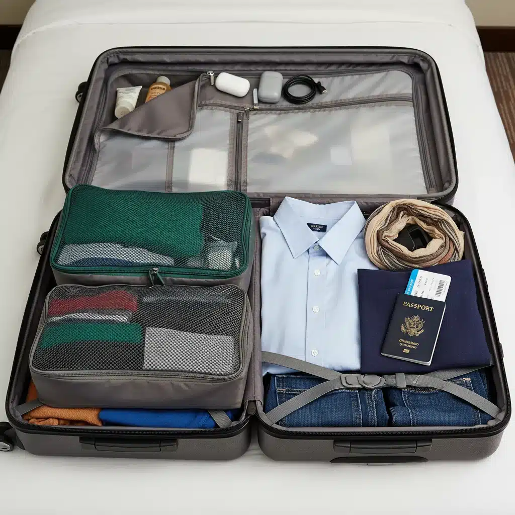 Well-organized suitcase with neatly packed clothes and travel essentials for a trip.