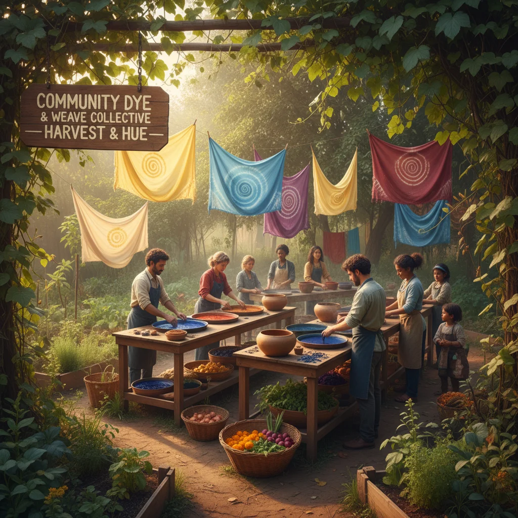 Artisans in a community garden naturally dyeing organic cotton fabrics.