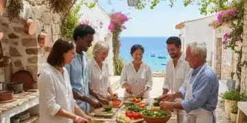 Diverse travelers learning local cuisine in a Mediterranean village, embodying experiential travel.