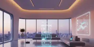 Futuristic smart home interior with integrated tech gadgets and holographic controls