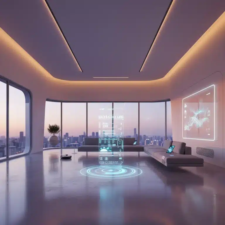 Futuristic smart home interior with integrated tech gadgets and holographic controls