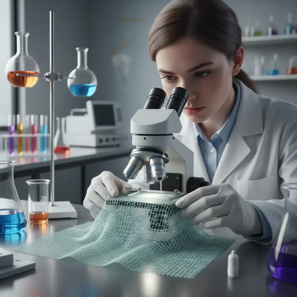 Textile engineer examining innovative bio-based fabric in a laboratory setting.
