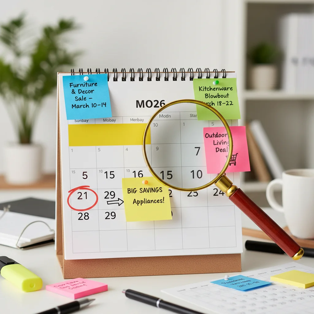 Calendar with March 2026 sales events marked for home goods shopping