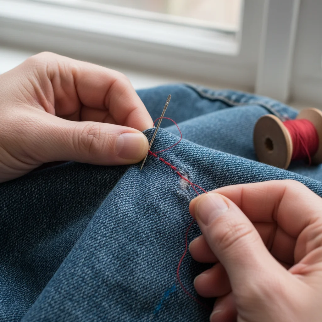 Hands mending a piece of clothing, repair and reuse