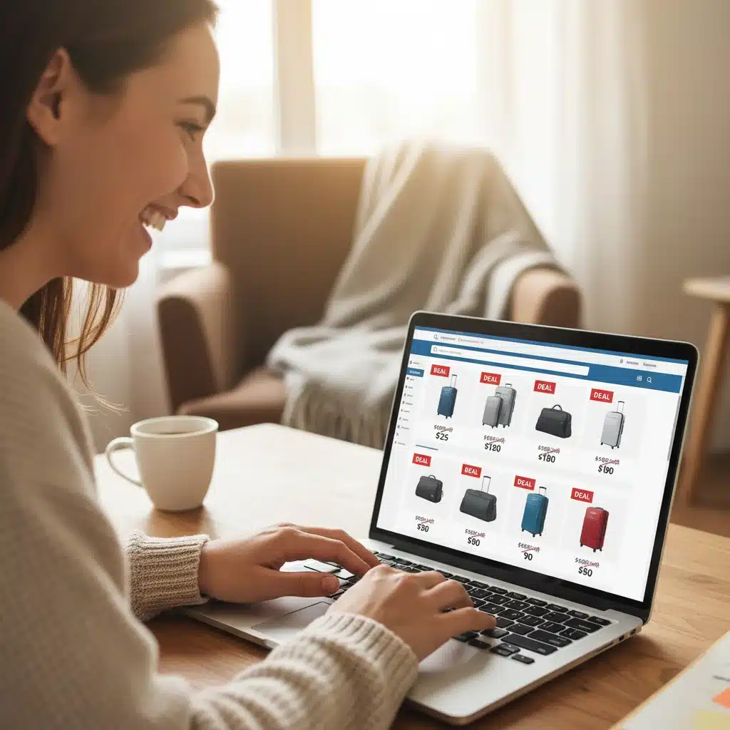 Person finding online luggage deals and discounts on a laptop screen.