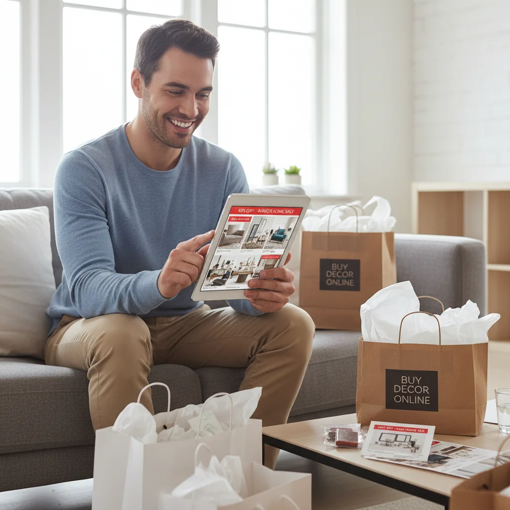 Online shopping for home goods during March sales with significant discounts