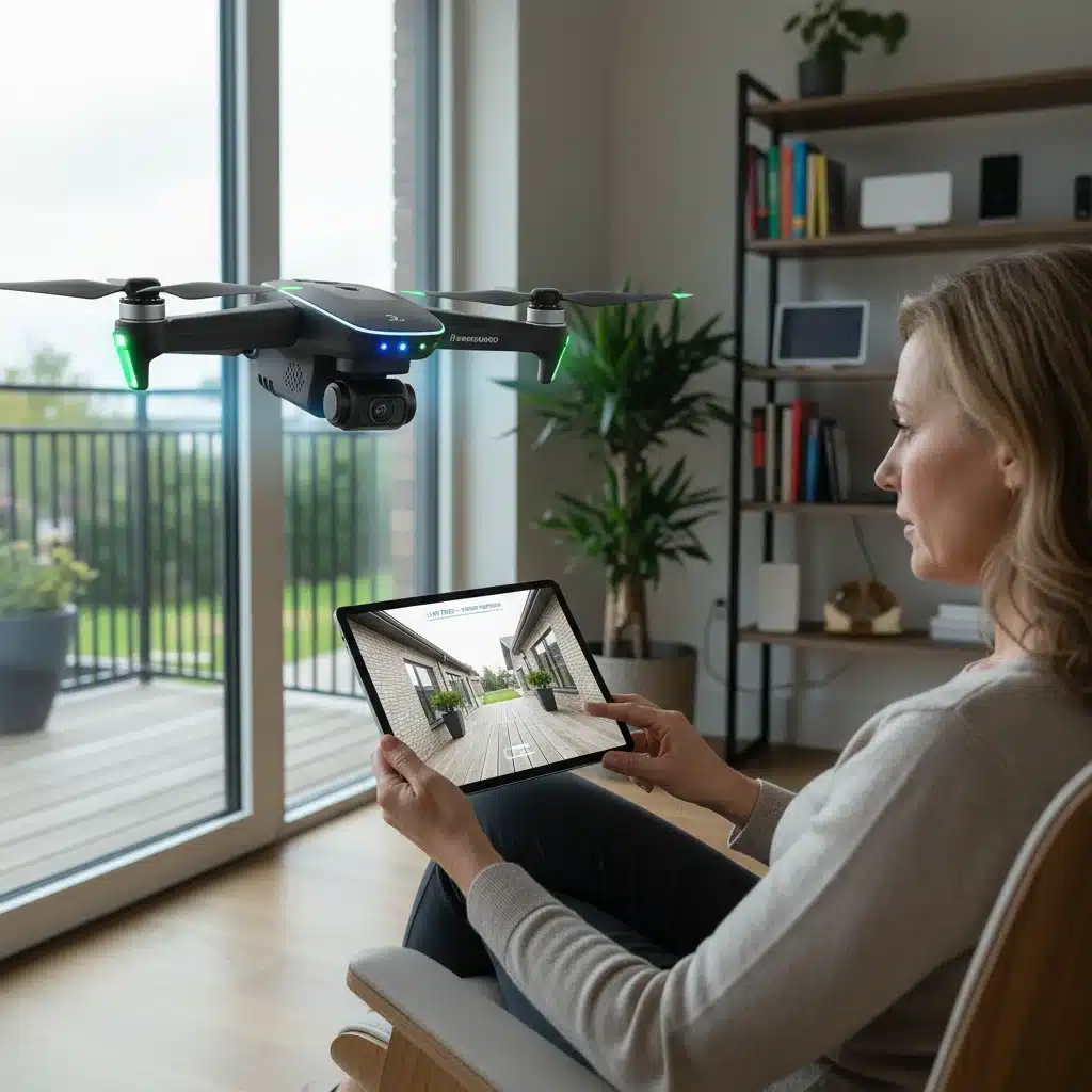 Homeowner controlling a discreet smart home security drone via tablet