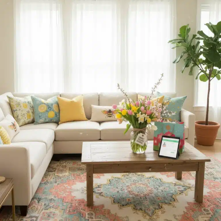 Stylish living room with spring decor after smart March home sales shopping