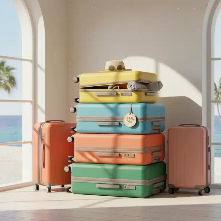 Colorful suitcases stacked for summer travel preparation, with a 25% off deal tag.