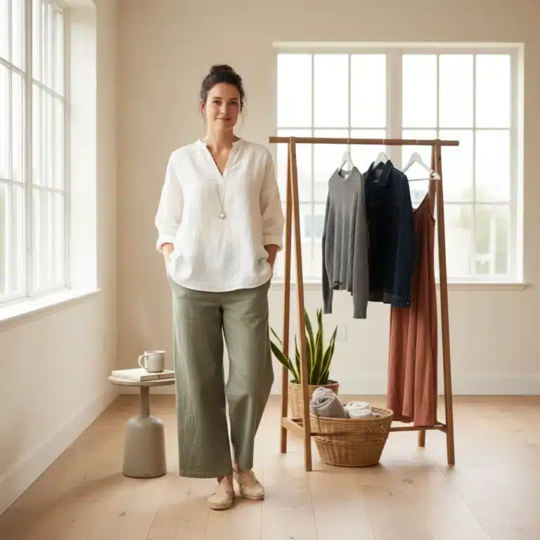 Woman in sustainable fashion outfit, minimalist wardrobe