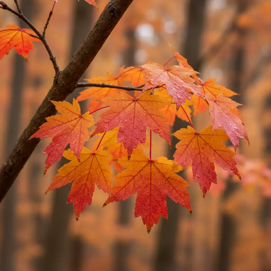 Close-up of vibrant red, orange, and yellow maple leaves in autumn